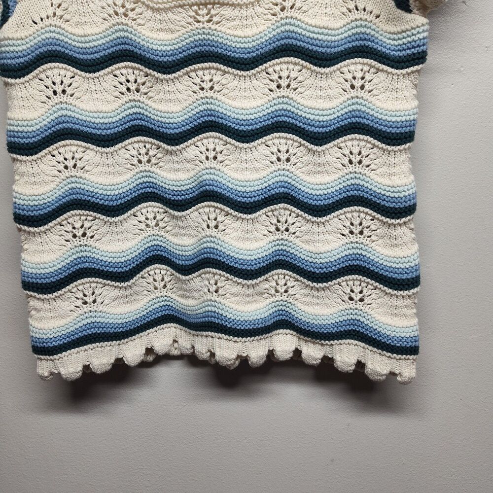 Crochet Top Women L Cream Blue Stripes Short Sleeve Spring Beachy Boho Casual - Picture 4 of 7
